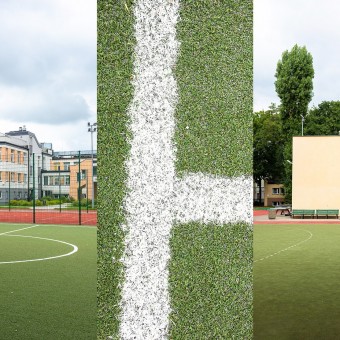 Kolaż zestawiający zdjęcie boiska szkolnego ze szkołą w tle, w środku zdjęcie zbiżenia boiska
